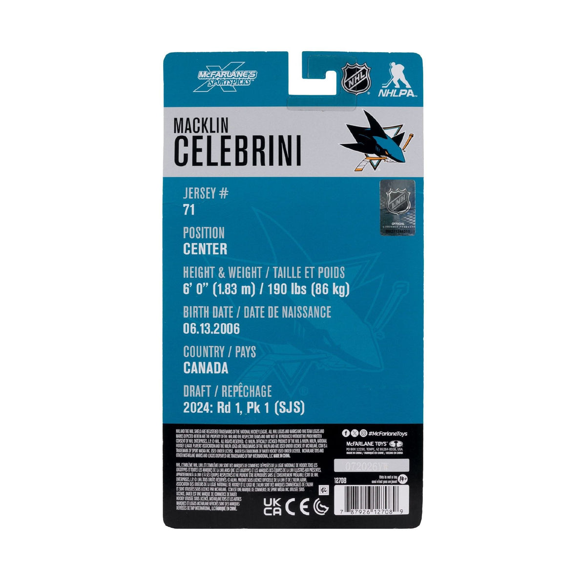 NHL - Macklin Celebrini (San Jose Sharks) 6″ Articulated Figure